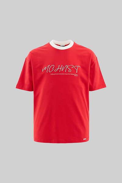 Machinist Tricou oversize roșu foc pentru bărbați, colorat și tehnic, brodat