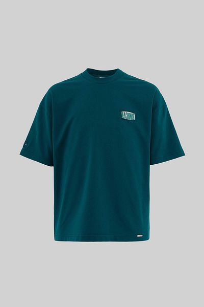 Machinist Men's Patchwork and Embroidered Oversize Oil Green T-Shirt