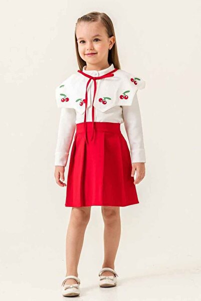 Minigimin Cicileri Miniğimin Cicileri Kiraz Desenli Geniş Yaka Kız Çocuk Etekli Takım - Kırmızı