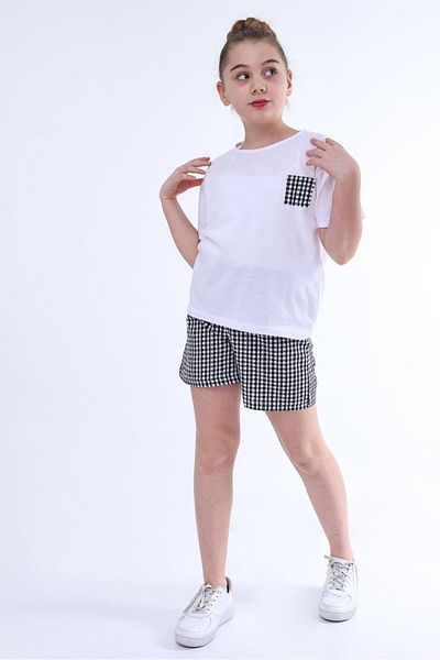 Trend Bebe Butik Dívčí kostkované šortky a bílé tričko, pyžamový set, ležérní, sportovní