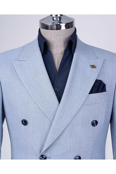 TerziAdemAltun Italian Style Slim Fit Men's Double-Breasted Jacket Pants Suit Blue T12982