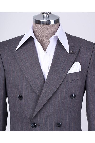 TerziAdemAltun Gray Italian Style Double Breasted Striped Jacket and Pants Set - T12899