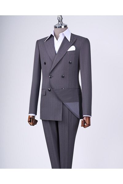 TerziAdemAltun Gray Italian Style Double Breasted Striped Jacket and Pants Set - T12899