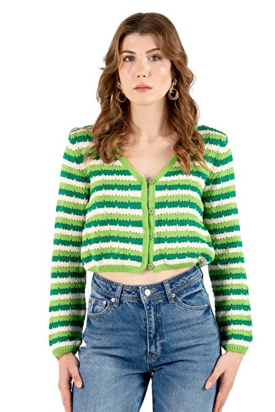 Lubue Kadın Yeşil Beyaz Çizgili Crop Triko Hırka