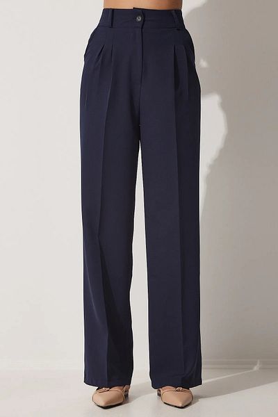 Stil Sepeti Women's Navy Blue Double Pleated High Waist Palazzo Pants Tl- 100080074