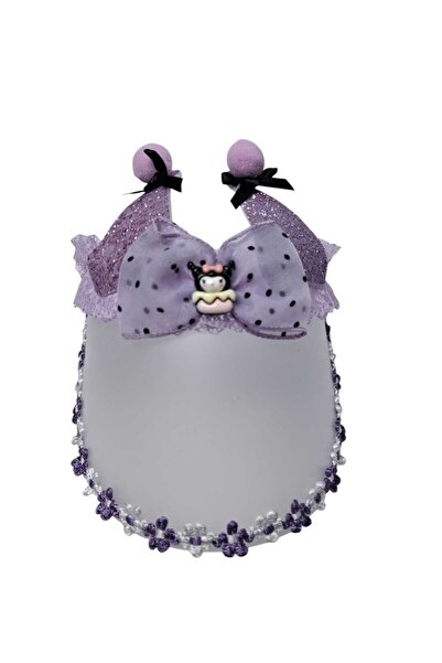 SPTEKS Kız Çocuk Mor Renk Simli Kedi Kulak Ve Saten Kumaş Kuromi Fig. Şapka S...