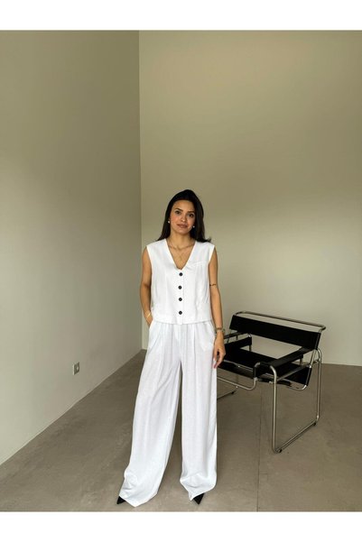 Bade Butik White Elastic Waist Wide Leg Linen Suit