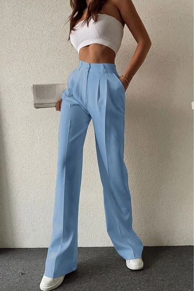 Pantaloni Palazzo cu talie înaltă plisați dublu albastru baby pentru femei TL- 100080074