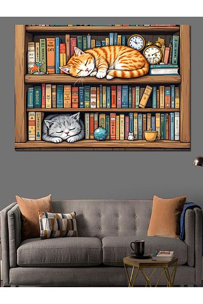 Tablomega Διακοσμητικός πίνακας Sleeping Cat στην βιβλιοθήκη