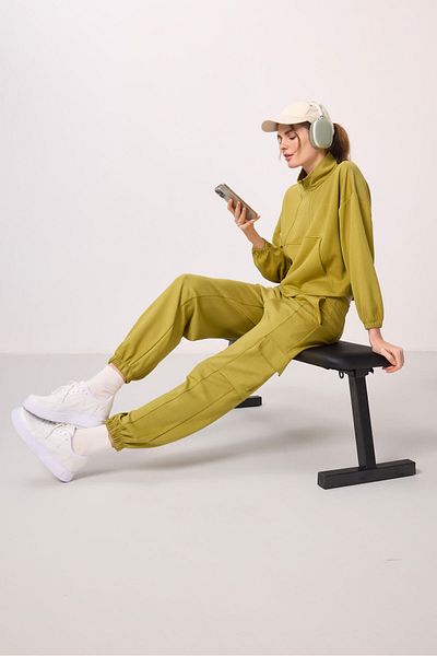 TOMMY LIFE Dark Mustard Soft Textured Stand Collar Hidden Zipper Oversize Women's Tracksuit - 95351