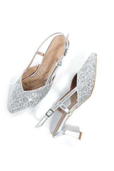 Modabuymus Paris S Gümüş Cam Kırığı Abiye Ayakkabı Kısa Topuklu Stiletto