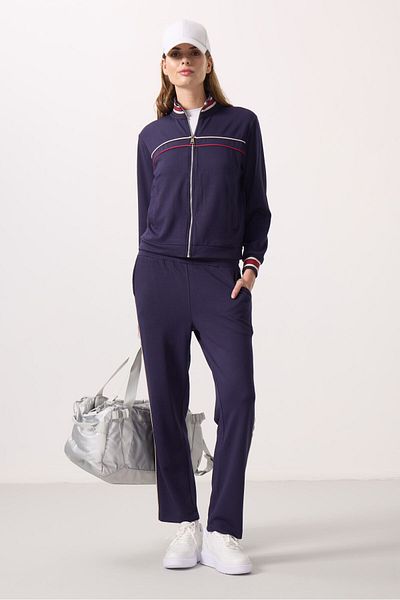 TOMMY LIFE Dark Purple Soft Textured Knitwear Stand Collar Oversize Women's Tracksuit - 95350