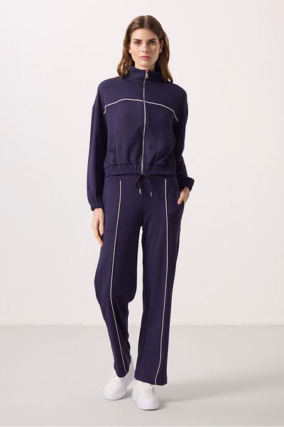 TOMMY LIFE Dark Purple Soft Textured Stand Collar Oversize Elastic Women's Tracksuit - 95349