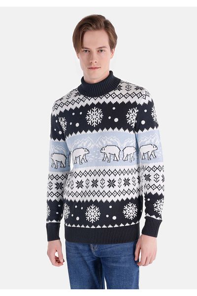Colin's Regular Fit Turtle Neck Jacquard Men's Navy Blue Sweater