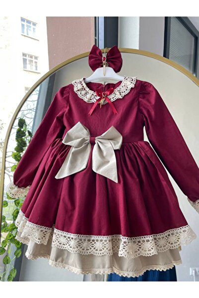 Sare Çocuk Giyim Kız Çocuk Bordo Kumaş Doğum Günü Prenses Elbise, Vintage  Antialerjik  Şık Kabarık Abiye + Toka