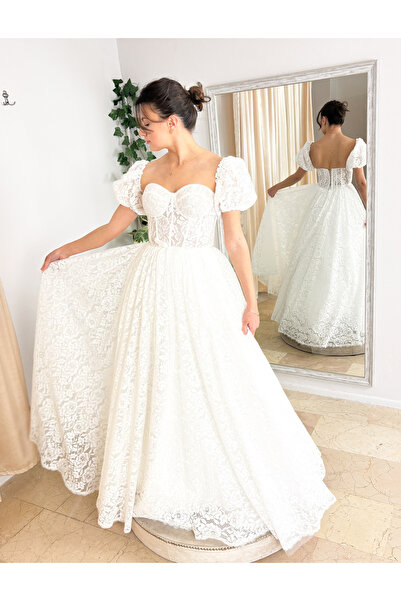 MAUNAU Kordoneli Dantel Karpuz Kollu Gelinlik / Nikah Elbisesi