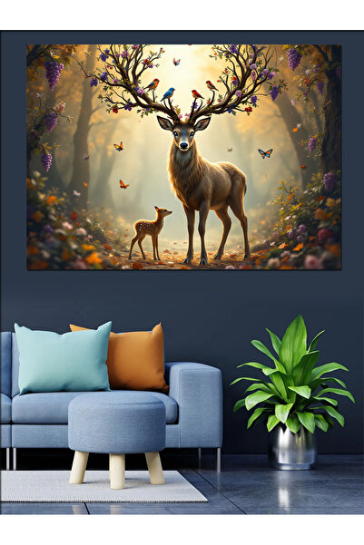 Tablo Mega Büyülü Ormanda Geyik Dekoratif Tablo
