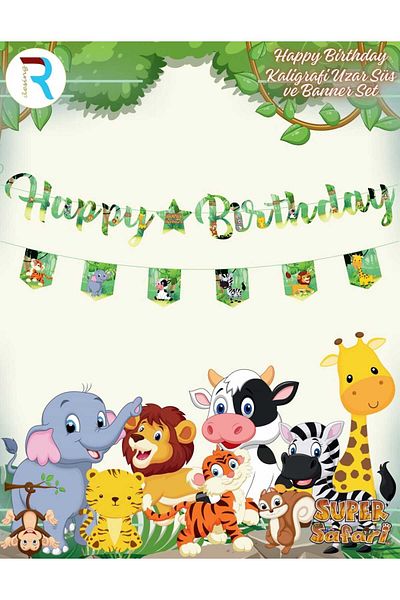 Ahsen süs evi Ahsen Ornament House- Safari Happy Birtday Calligraphy Elongates Ornament and Banner Set