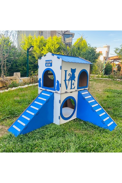 seventeen design Büyük Mavi Beyaz Kedi Evi, Büyük Kedi Yatağı, İki Katlı Kedi...