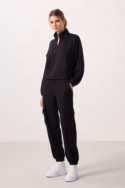 TOMMY LIFE Black Soft Textured Stand Collar Hidden Zipper Oversize Women's Tracksuit - 95351