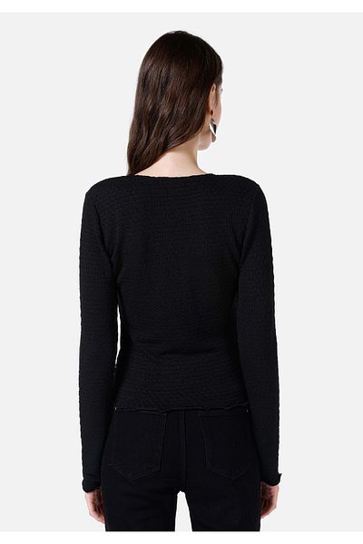 Colin's Tricou negru cu mânecă lungă pentru femei, slim fit, cu decolteu în V