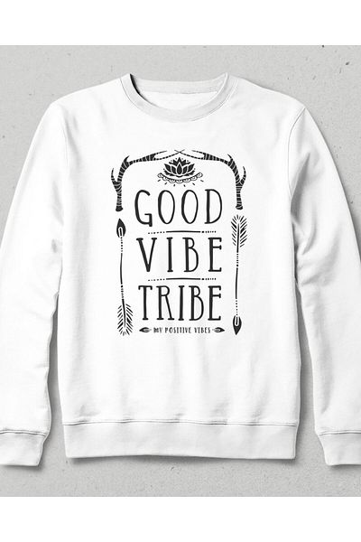 Pisa Art Unisex White Good Vibe Tribe Written Φούτερ χωρίς κουκούλα