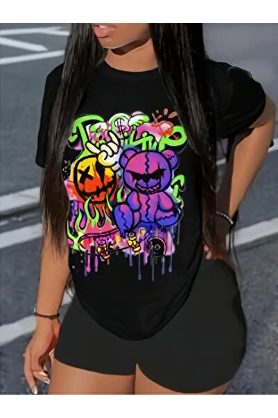 LAND MODA Άνετο μπλουζάκι με στάμπα κινουμένων σχεδίων, κοντομάνικο μπλουζάκι...