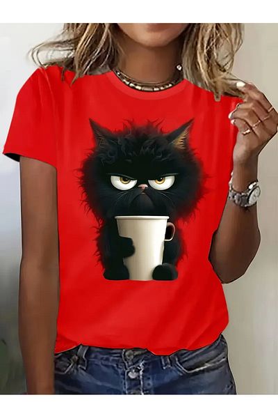 LAND MODA Cat Print T-Shirt, Comfortable Short Sleeve Crew Neck Top for Spring and Summer, Women's Clothing