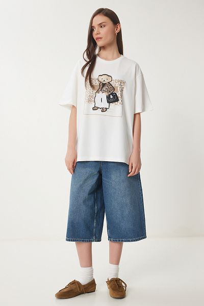 Lovelyİstanbul Teddy Bear Embroidered Cotton Oversize Knitted T-Shirt Ecru Lcr0038