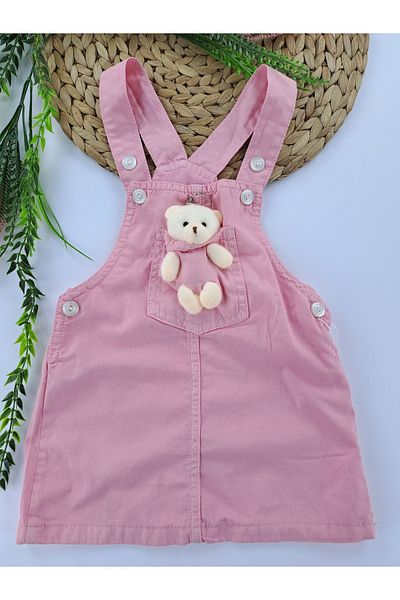 Butik Baby Girl / Child Linen Salopet Dress with Teddy Bear Detail