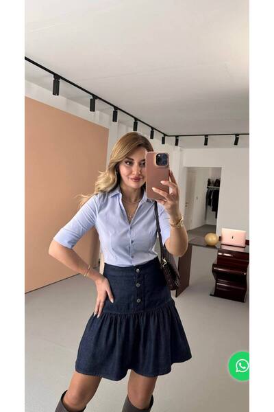 Lady Pixie Düğme Detay Volanlı Lacivert Kot Etek