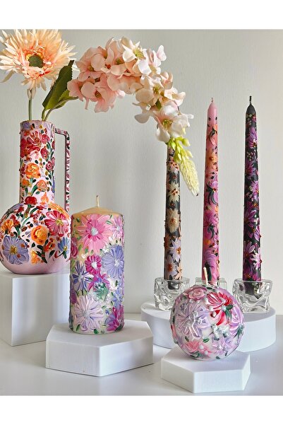 inrobert Floral Spring Çiçek Tasarımlı Blok ve Küre Mum