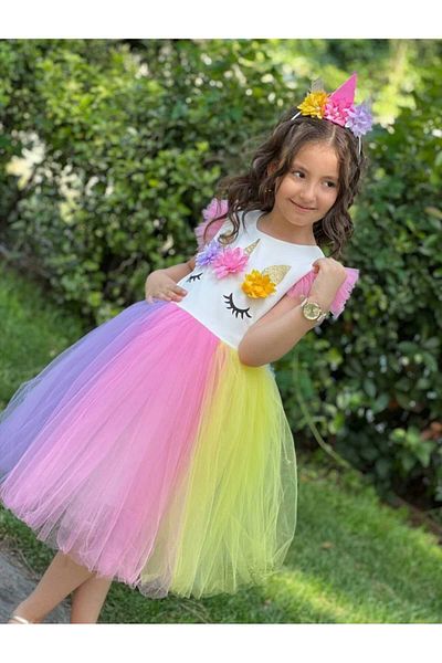 HMZ GOLD Unicorn Colorful Tulle Crown Birthday Dress Party Special Occasion Dress