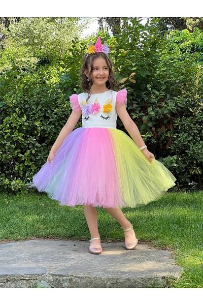HMZ GOLD Unicorn Colorful Tulle Crown Birthday Dress Party Special Occasion Dress