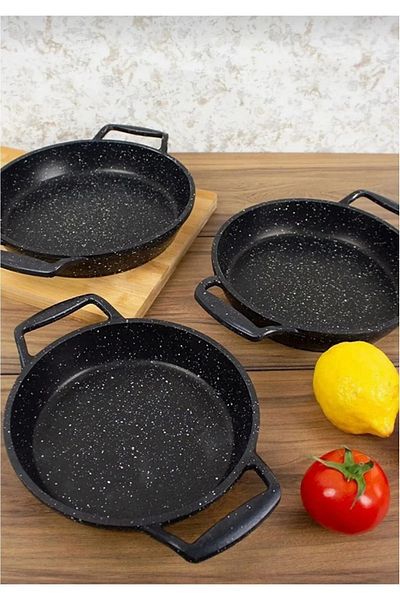 hiruzemin Set of 3 Black Granite Cast Iron Pans 22Cm-20Cm-18Cm Real Cast Iron Pan Set