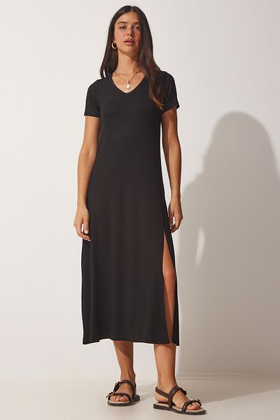 Lovelyİstanbul Rochie de vară tricotată din viscoză cu decolteu în V NEGRĂ LJS0003