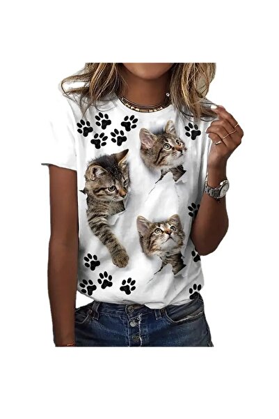 LAND MODA Μπλουζάκι με στάμπα Cat Paw, Άνετο κοντομάνικο μπλουζάκι με λαιμόκο...