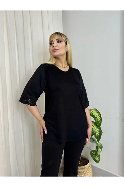 MODA Women's Plus Size Sleeves Fisto Detail Cycling Collar Flexible Viscos Bluz