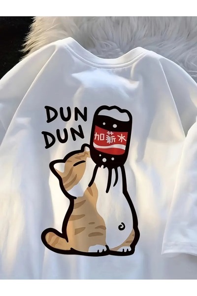 LAND MODA Tricou grafic „Cat Drinking Soda” pentru femei - Tricou confortabil...