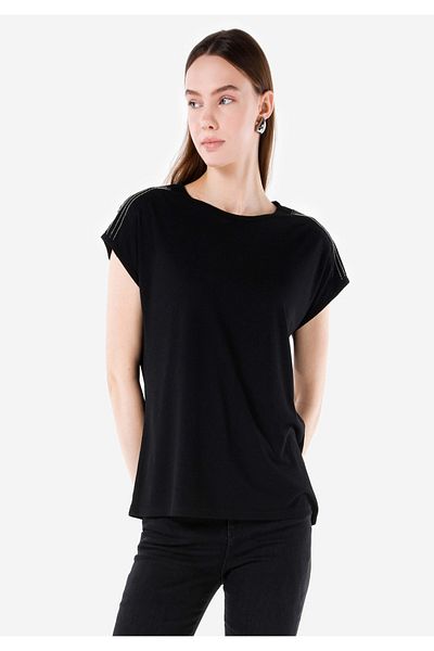 Colin's Tricou negru cu mânecă scurtă pentru femei, cu gât rotund, cu croiala normală