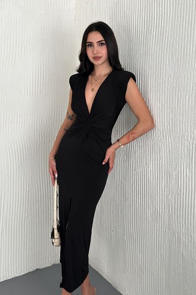 Sorridi Deep V-Neck Twist Detailed Slit Maxi Dress