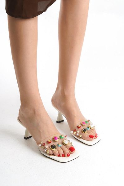 Niloshka Vi̇sca White Skin Transparent Stone Women's Slippers