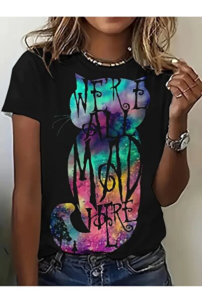 LAND MODA Γυναικείο μπλουζάκι με στάμπα, πολύχρωμο γραφικό με σιλουέτα γάτας,...