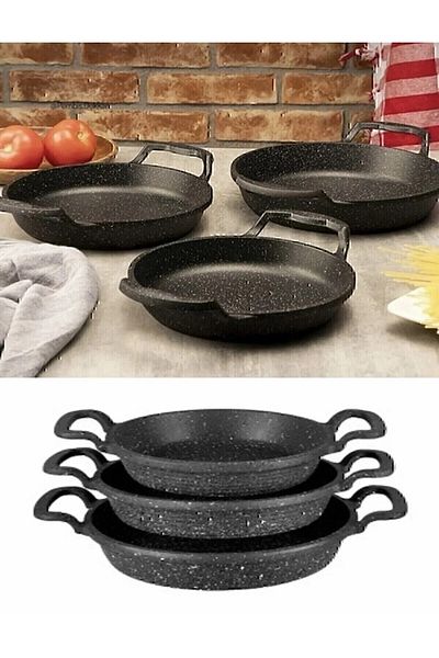 hiruzemin Set of 3 Black Granite Cast Iron Pans 22Cm-20Cm-18Cm Real Cast Iron Pan Set