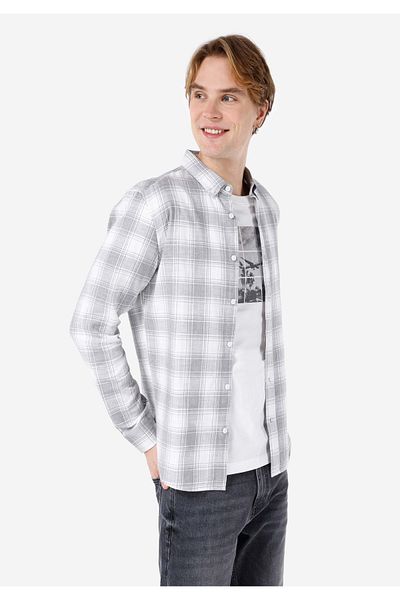 Colin's Slim Fit Shirt Neck Checked Men's Gray Long Sleeve Shirt