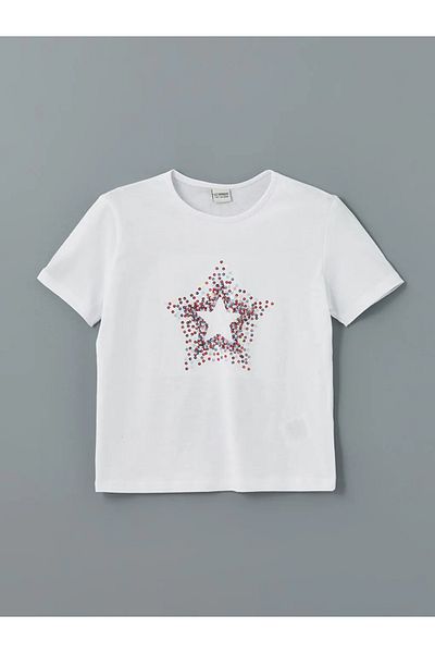 LC Waikiki Tricou pentru fetiță cu paiete brodat cu decolteu alb pentru copii LCW Kids