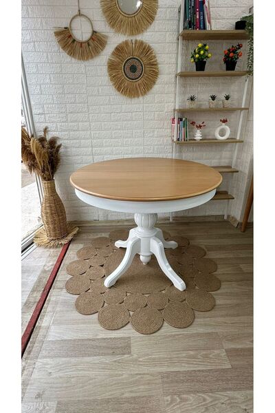 silla Concept Baba Ayaklı Masa Naturel Ahşap Yuvarlak Üst Tablalı Beyaz Ayaklı Açılır Masa (ÇAP 100 CM)