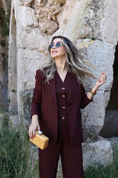 bytugcekaya Burgundy Back Button Detail Blazer