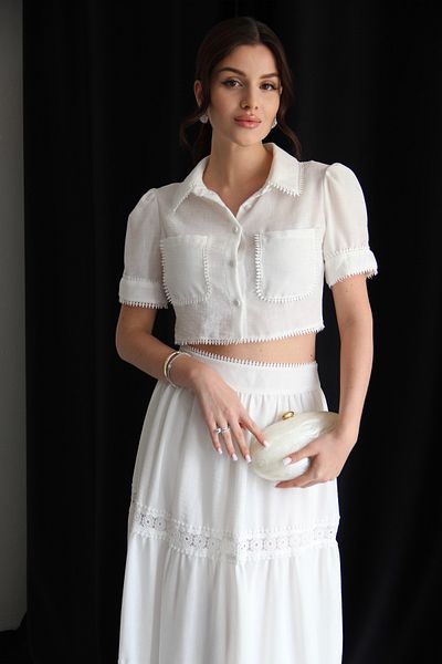 Julidress White Linen Fabric Lace Detailed Short Shirt and Maxi Skirt Bottom Top Premium Set