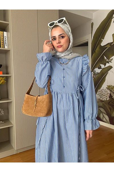 Aselim Hijap Moda Blue Stripe Shirt - Dress, Robe Buttoned